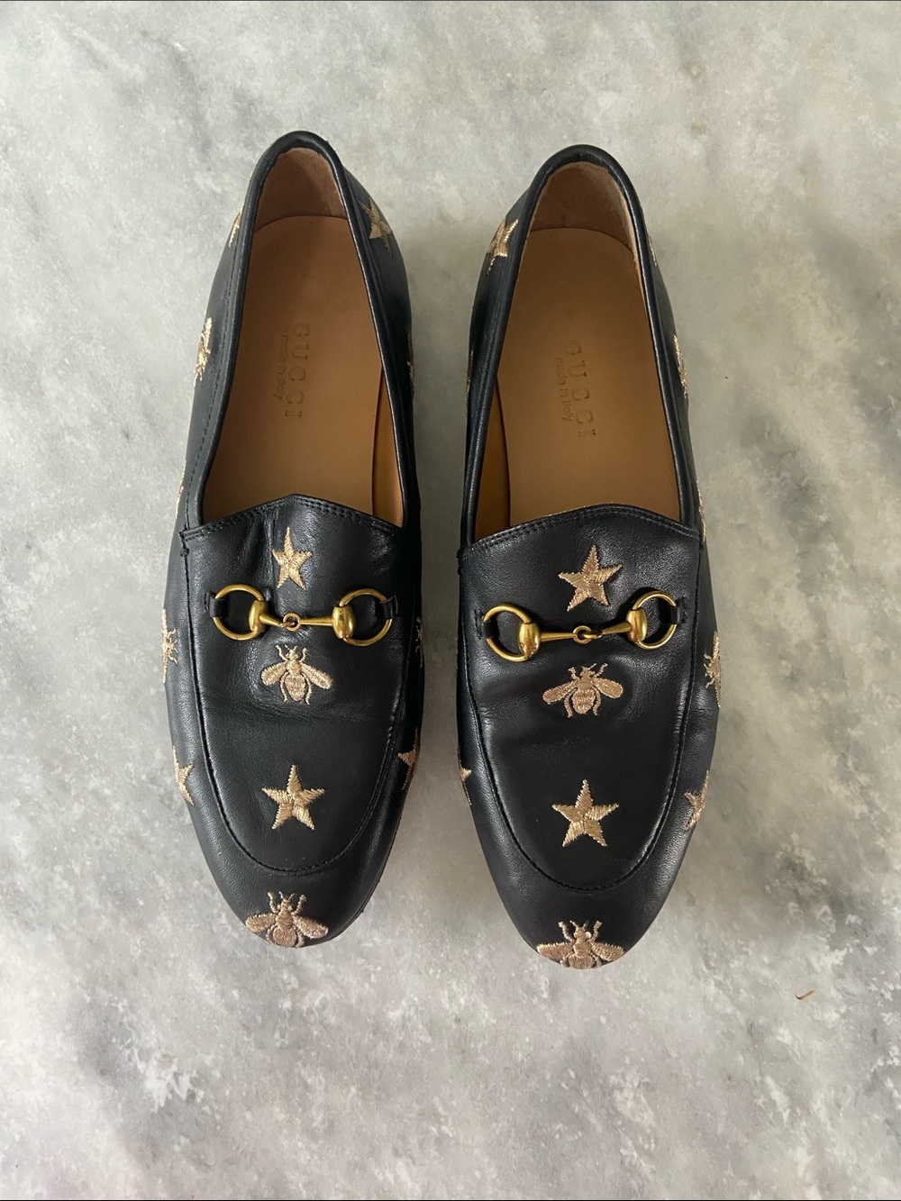 Gucci Black Leather Horsebit Loafers with Gold Embroidered Stars & Bees
